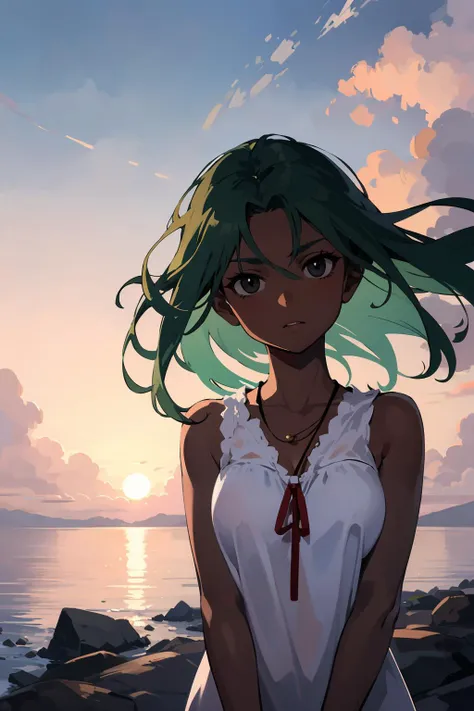 masterpiece,high quality,highres,1girl,solo,outdoors,<lora:wind-headwind-v1-wasabiya:1>,headwind,dark skin,dark-skinned female,(black eyes , green hair ),long hair,sunrise,ribbon,hair hair flowing over,