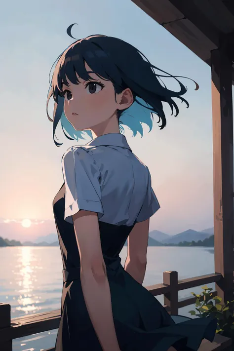 masterpiece,high quality,highres,1girl,solo,outdoors,<lora:wind-headwind-v1-wasabiya:1>,headwind,(black eyes , blue hair ),short hair,dawn,ribbon,hair hair flowing over,arms behind back,