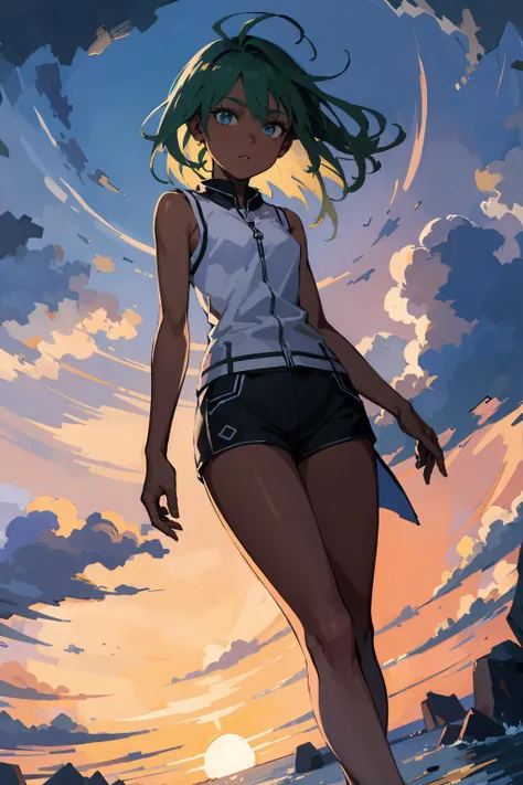 masterpiece,high quality,highres,1girl,solo,outdoors,<lora:wind-headwind-v1-wasabiya:1>,headwind,from below ,dark skin, dark-skinned female ,(blue eyes , green hair ),medium hair ,sunrise ,