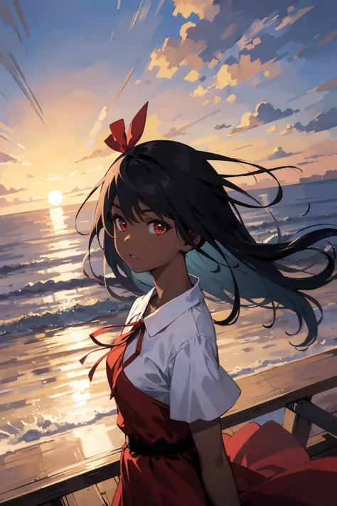 masterpiece,high quality,highres,1girl,solo,outdoors,<lora:wind-headwind-v1-wasabiya:1>,headwind,from above,dark skin,dark-skinned female,(red eyes , ),long hair,sunrise,ribbon,hair hair flowing over,