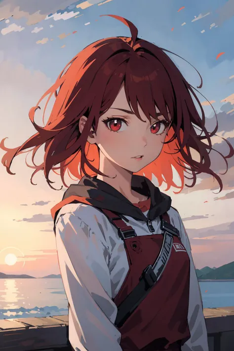 masterpiece,high quality,highres,1girl,solo,outdoors,<lora:wind-headwind-v1-wasabiya:1>,headwind,,,,(red eyes , red hair ),medium hair ,sunrise ,