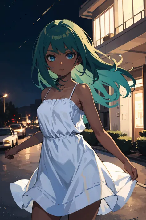 masterpiece,high quality,highres,1girl,solo,outdoors,<lora:wind-headwind-v1-wasabiya:1>, headwind,,,dark skin, dark-skinned female ,(blue eyes , green hair ),long hair,night ,sundress,loose clothes,