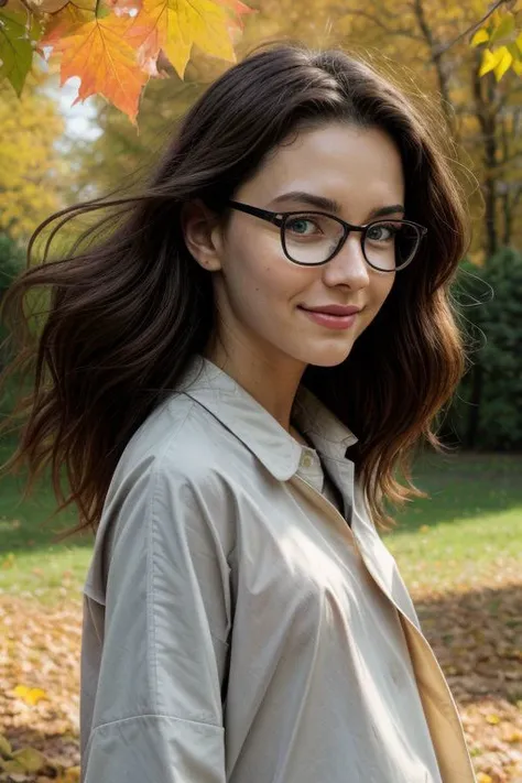 1girl, beautiful, (side view, tilted head, turned looking at viewer, light smile), brown hair, brown eyes,  long hair, strong windy day, headwind, her hair flowing in the wind behind her, hand tucking her hair behind her ear,  ((big round glasses)), long raincoat fluttering int the wind, raincoat flaps in the wind behind her, white blouse plastered to the chest, braless, autumn leaves flying, sexy, charming, stunning,  enhance, delicate, (pale skin, real_skin), sunlight, golden hour, 
autumn, wind, tree, fallen leaves, outdoors, best quality, high quality, highres, 8k, photo realistic, raw photo,