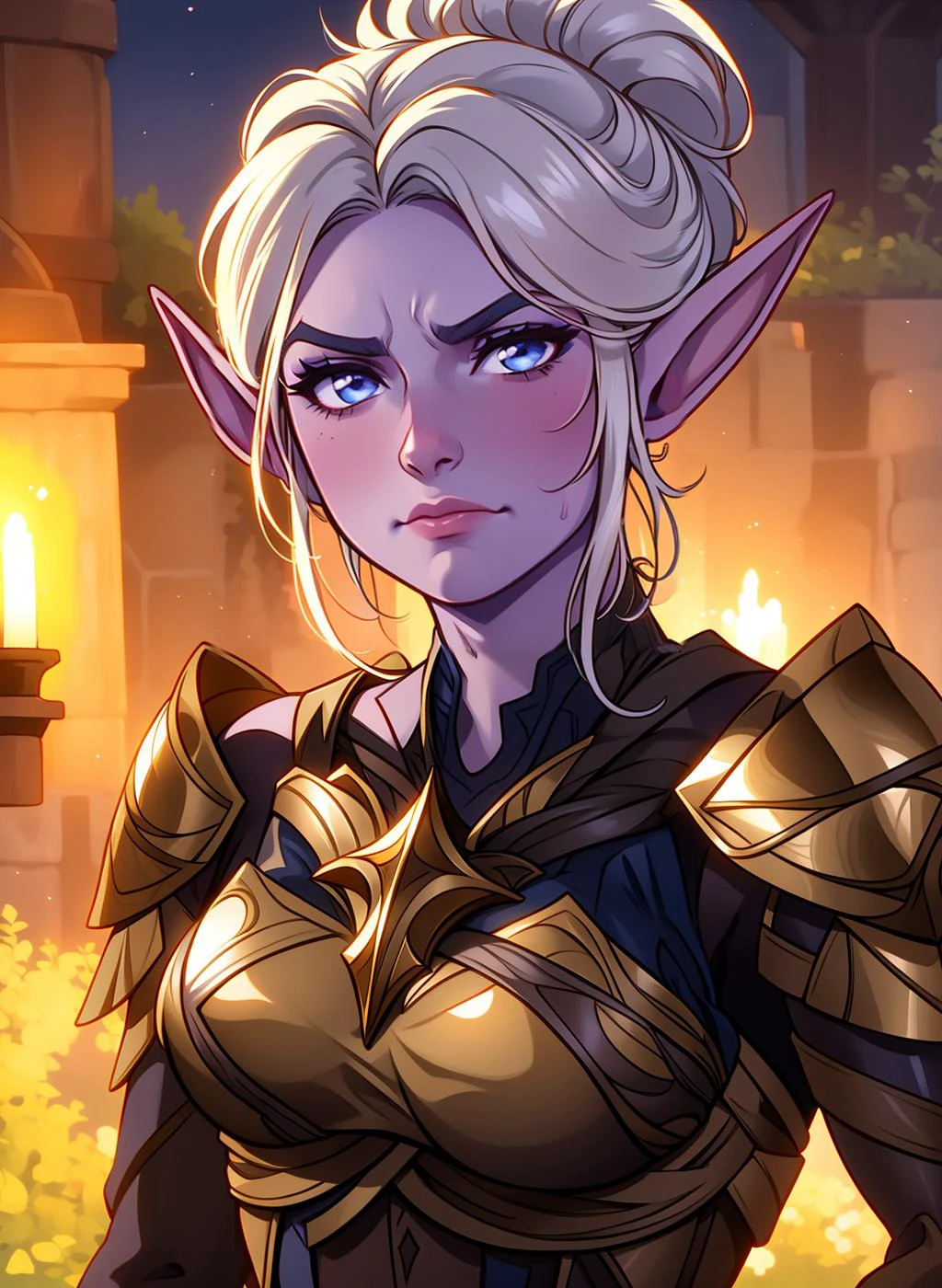 1girl, solo, beautiful woman, minthara, high quality, high detail, frown, best quality, high res, outdoors, stable, rustic scene, portrait, glow, godrays, depth of field, bokeh <lora:Char_bg3-Minthara:0.8> drow, armor, elf, pointy ears