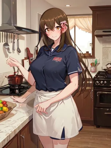 best quality, masterpiece, highres, detailed, perfect anatomy, <lora:Detail - add_detail:0.2>, Mite, <lora:Mite:0.8>, brown hair, long hair, orange eyes, kitchen, student uniform, 1man, man behind girl,