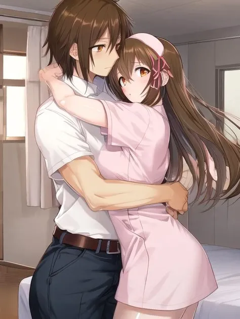 best quality, masterpiece, highres, detailed, perfect anatomy, <lora:Detail - add_detail:0.2>, Mite, <lora:Mite:0.8>, brown hair, long hiar, orange eyes, nurse, hug, 1boy, romantic, infirmary,