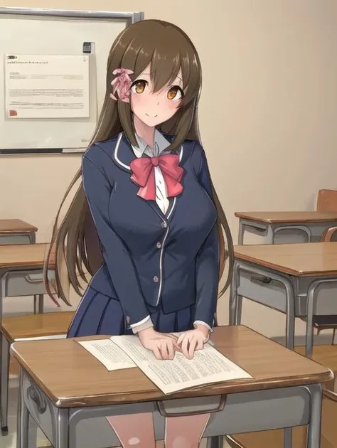 best quality, masterpiece, highres, detailed, perfect anatomy,  <lora:Detail - add_detail:0.2>, Mite, <lora:Mite:0.8>, brown hair, long hair, orange eyes, student uniform, studying, desk, hair ribbon,