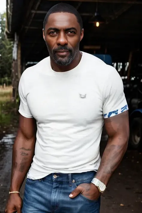 masterpiece, DSLR photo, analog style, nikon d5, real photo, a (medium shot:1.3) photo of idris elba wearing a tight white tanktop and blue jeans in a farm, dramatic lighting (85mm), (detailed facial features), (detailed shiny eyes), dynamic angle, jeremy mann, Ilya Kuvshinov style <lora:idris_elba:0.8>