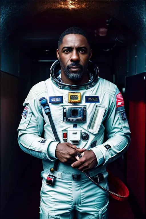 masterpiece, DSLR photo, analog style, nikon d5, real photo, a (medium shot:1.3) photo of idris elba wearing a spacesuit in space, dramatic lighting (85mm), (detailed facial features), (detailed shiny eyes), dynamic angle, jeremy mann, Ilya Kuvshinov style <lora:idris_elba:0.8>
