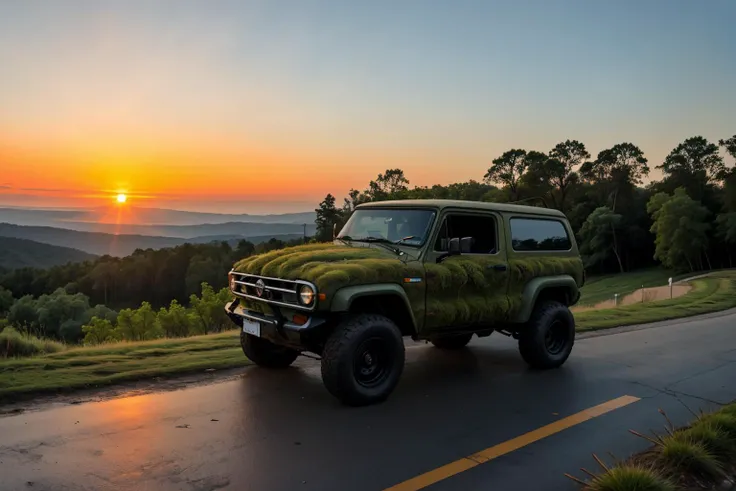 mossbeast car, gas station, sunset <lora:mossbeast:0.7> <lora:add_detail:0.5> <lora:realistic:0.5>