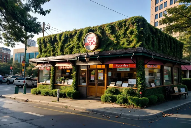 mossbeast donut shop in a city plaza at dawn <lora:mossbeast:0.8> <lora:add_detail:0.5> <lora:realistic:0.5>
