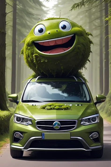 adorable sentient car, the front of the car has a happy expression, Face pareidolia, mossbeast style <lora:mossbeast:0.6>, best quality,masterpiece
