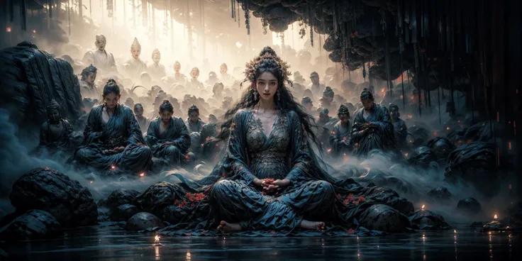 ((masterpiece), (best quality), ultra high res, (raw photo:1.2), (photorealistic:1.4), Exceptional detail, highres, 8k, absurdres, (smoke floating:1.3) incense, stone buddha, (meditation:1.2), Chinese candle light, (((in cave))),
multiple girls, short dress, buddha, (sunbeam:1.3), god_rays, dramatic and cinematic lighting, Epic level composition, (zwd:1.3), floating, mid air,
<lora:add_detail:1>, golden accessories,
<lora:thousand faces_20230729115837-000018:0.8>
<lora:difConsistency_darktheme:0.0>, <lora:difConsistency_photo:0.35>, <lora:difConsistency_detail:0.35>, <lora:åå¿éZWD_v2:0.2>, <lora:Blue_World:0.65>