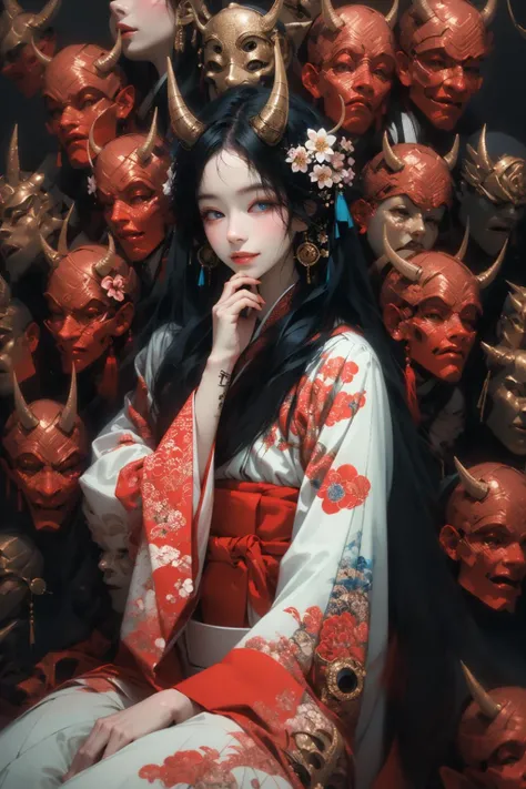 (masterpiece:1.2), best quality,PIXIV,
black hair, japanese clothes, floral print, 1girl, hair ornament, horns, sitting, looking at viewer, flower, kimono, blue eyes, hair flower, earrings, long hair, haori, jewelry, own hands together, tassel, wide sleeves, red eyes, closed mouth, long sleeves, print kimono, black kimono, hakama, bangs, smile
<lora:thousand faces_20230729115837-000018:1>