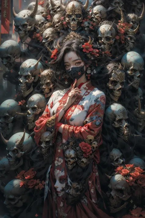 (masterpiece:1.2), best quality,pixiv,
1girl, flower, black hair, red eyes, hair ornament, hair flower, mask, looking at viewer, red flower, long sleeves, standing, red dress, holding, tattoo, wide sleeves, dress, own hands together, horns, skull, artist name, short hair, chinese clothes, robe
<lora:thousand faces_20230729115837-000018:1> <lora:zhongfenghuaxiyou:0.5>