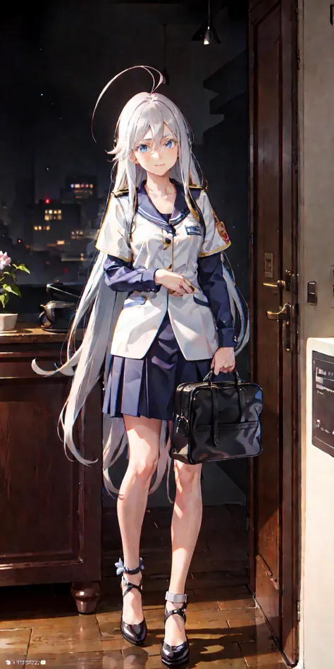 <lora:vladilenaMiliz86Eighty_v20:1>, vladilena milize, 1girl, white hair, school uniform, indoors, glowing, sidelighting, wallpaper,