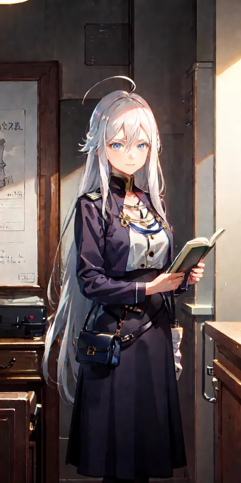 <lora:vladilenaMiliz86Eighty_v20:1>, vladilena milize, 1girl, white hair, school uniform, indoors, glowing, sidelighting, wallpaper,