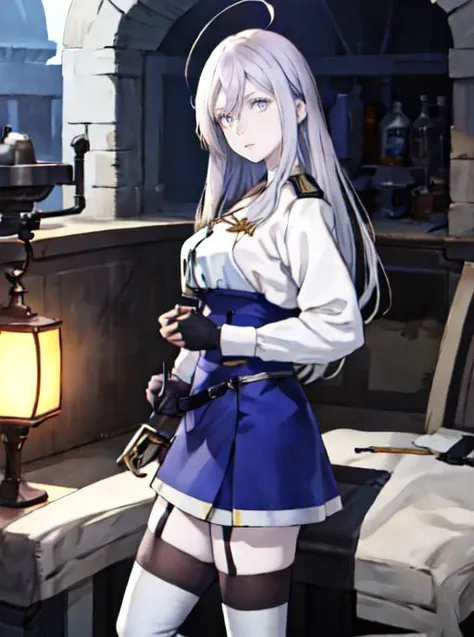 lena,masterpiece, absurdres, highres, cinematic, full HD, 8k, intricate detail, ultra detailed, cinematic lighting, 1girl, pov, silver hair, (((light silver eyes))), white eyebrow, white eyelashes, ((pale skin)), looking at viewer, narrow waist, (large breast), (white thighhighs), san magnolia blue and white military uniform, science fiction, military base, outdoor <lora:vladilenaMiliz86Eighty_v20:1>