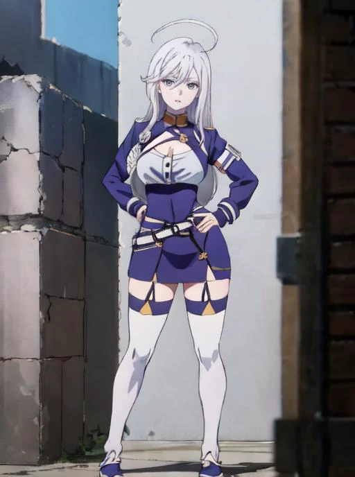 lena,masterpiece, absurdres, highres, cinematic, full HD, 8k, intricate detail, ultra detailed, cinematic lighting, 1girl, pov, silver hair, (((grey eyes))), white eyebrow, white eyelashes, ((pale skin)), looking at viewer, narrow waist, (large breast), (white thighhighs), san magnolia blue and white military uniform, science fiction, military base, outdoor <lora:vladilenaMiliz86Eighty_v20:1>