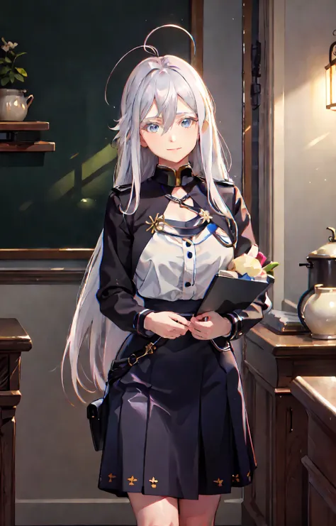 <lora:vladilenaMiliz86Eighty_v20:1>, vladilena milize, 1girl, white hair, school uniform, indoors, glowing, sidelighting, wallpaper, skirtlift, erotic face