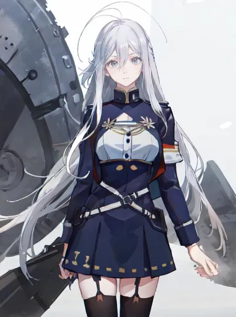 lena,masterpiece, absurdres, highres, cinematic, full HD, 8k, intricate detail, ultra detailed, cinematic lighting, 1girl, pov, silver hair, (((grey eyes))), white eyebrow, white eyelashes, pale skin, looking at viewer, narrow waist, (large breast), (white thighhighs), san magnolia blue and white military uniform, science fiction, military base, outdoor <lora:vladilenaMiliz86Eighty_v20:1>