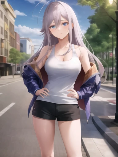 (masterpiece), (best quality), beautiful lighting,
vladilena milize, blue jacket, official art, white tank top, black short shorts, hand on hip, feet out of frame, outdoors, sidewalk