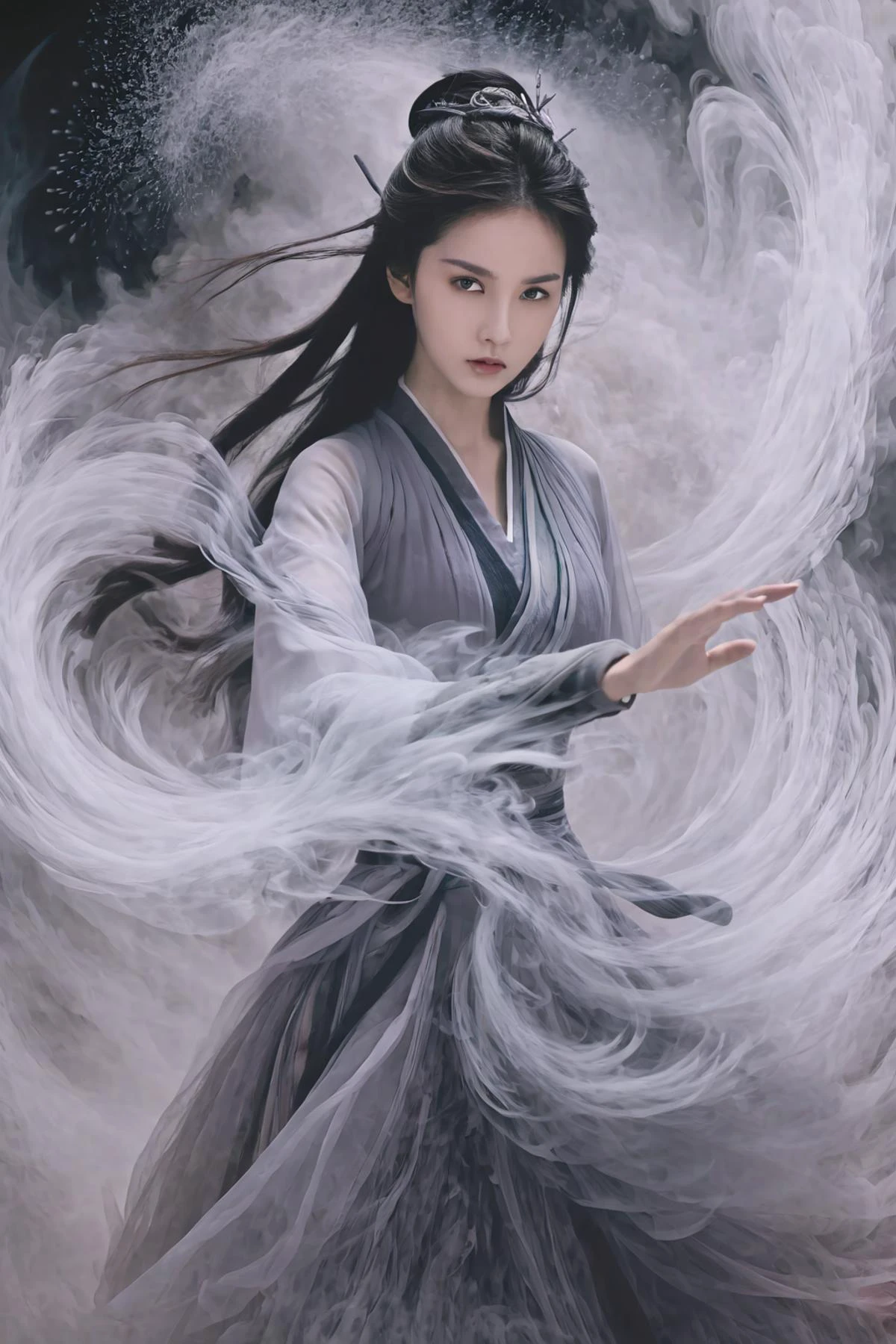 <lora:artDress2023:0.45>,wuxia girl,hanfu dress hem resembling smoke,fractal art,long hair,cyclone,arm up,battle stance,close-up,looking at viewer