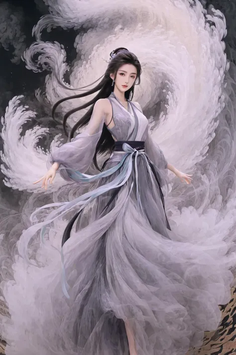 <lora:artDress2023:0.44>,wuxia girl,hanfu dress hem resembling smoke,fractal art,long hair,cyclone,arm up,full body,anime