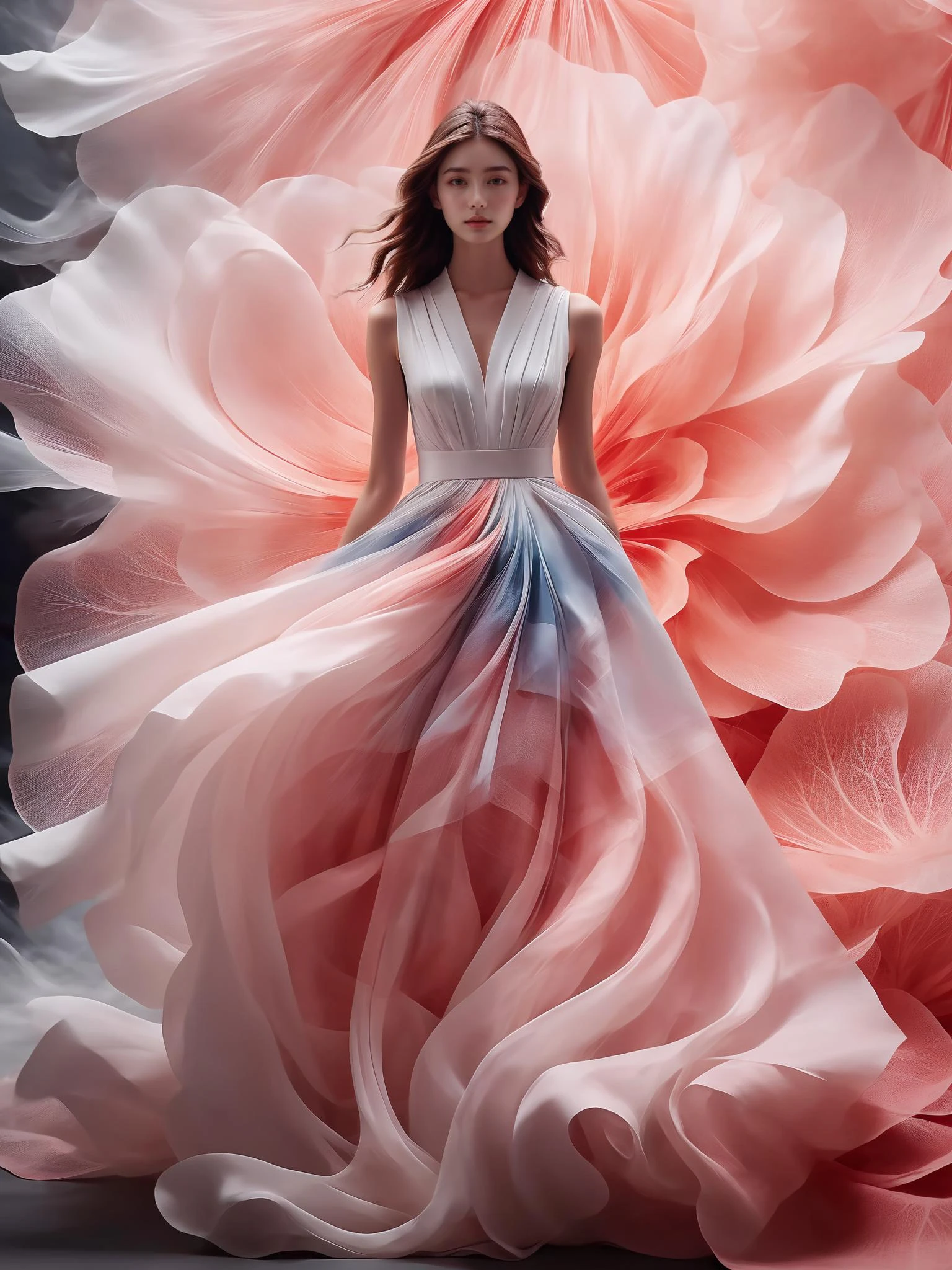 1girl,Petal skirt,A long dress hem resembling smoke,Petal pattern,long hair in the wind,Advanced sense,fashion,
still photography, looping video, mesmerizing movement, captivating visuals, seamless blend, engaging storytelling, Vorticism, angular forms, dynamic movement, bold geometry, fragmented shapes, striking contrasts, modernist influence, nature, history, modern art, amazing, unreal background, art by (Alessio Albi:1.1),
soft lighting, Happy emotions,(close up, face focus), (fractal art) extremely detailed,the most beautiful form of chaos, elegant, a brutalist designed, vivid colours, romanticism,details in the dark, <lora:20231007-1696675284313:0.7>