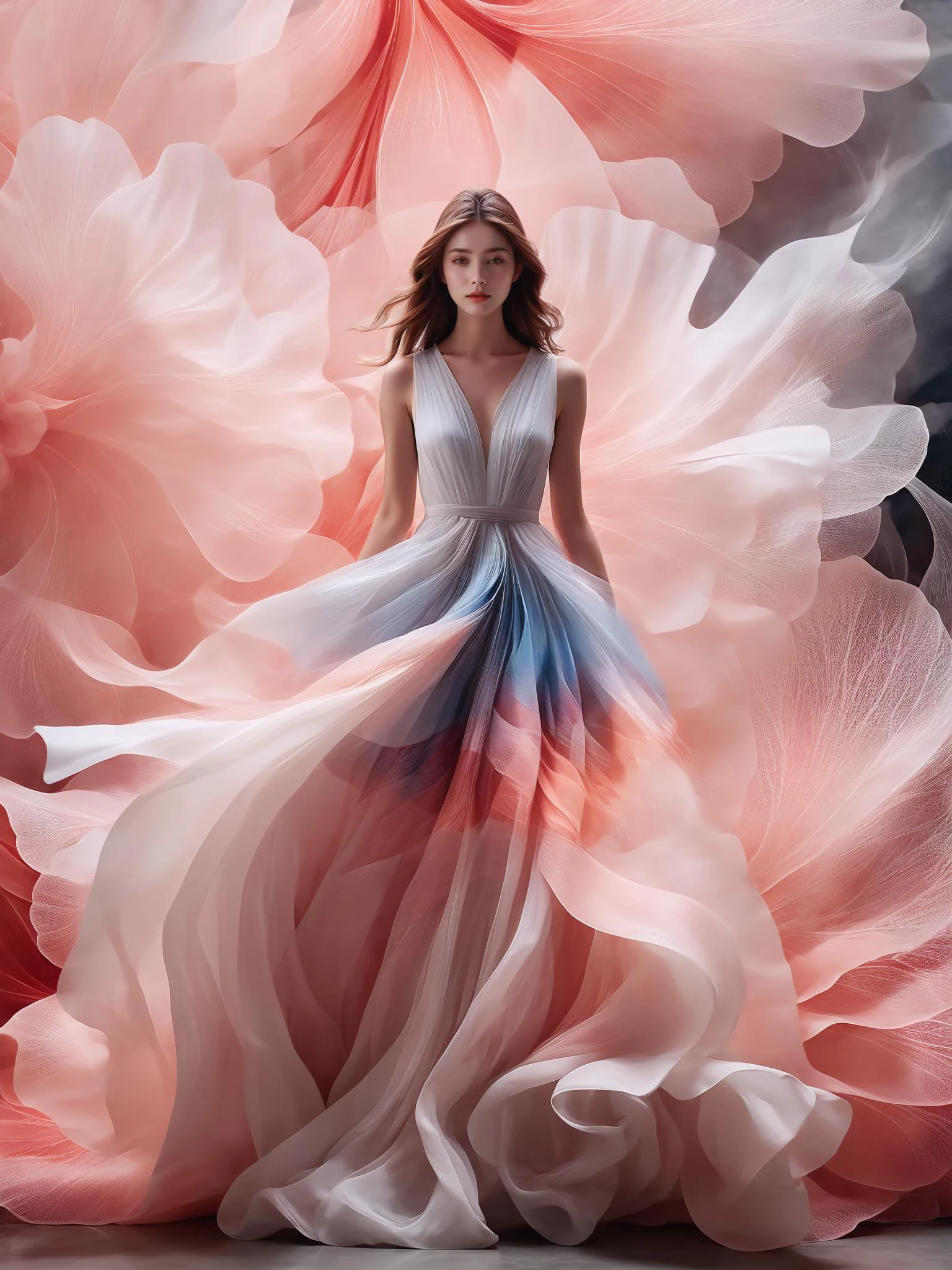 1girl,Petal skirt,A long dress hem resembling smoke,Petal pattern,long hair in the wind,Advanced sense,fashion,
still photography, looping video, mesmerizing movement, captivating visuals, seamless blend, engaging storytelling, Vorticism, angular forms, dynamic movement, bold geometry, fragmented shapes, striking contrasts, modernist influence, nature, history, modern art, amazing, unreal background, art by (Alessio Albi:1.1),
soft lighting, Happy emotions,(close up, face focus), (fractal art) extremely detailed,the most beautiful form of chaos, elegant, a brutalist designed, vivid colours, romanticism,details in the dark, <lora:20231007-1696675284313:0.7>