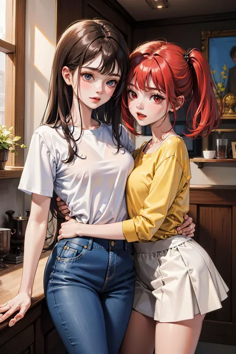 (masterpiece:1.2), (best quality:1.2), 8K, UHD, ultra high res, (2girls:1.2), hugging, happy, NSFW ADDCOMM
long hair, white shirt, blue jeans BREAK
red medium hair, red eyes, yellow shirt, white skirt
