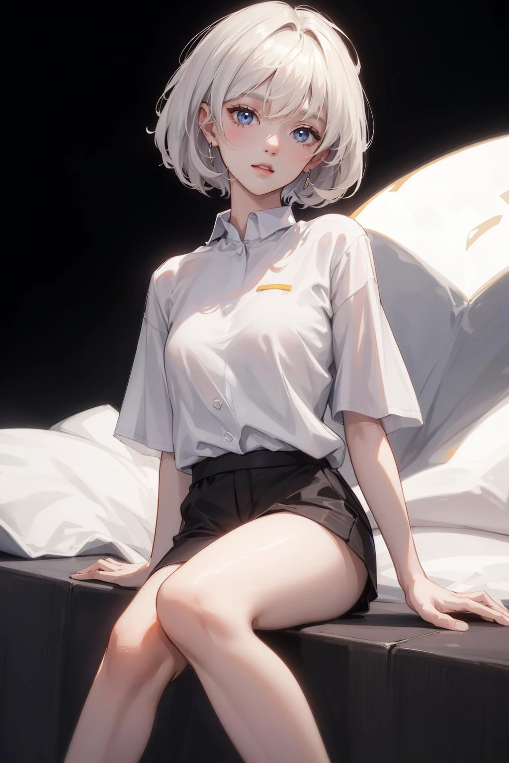 ung and gorgeous girl, short hair, white oversized shirt, short sleeves, bare legs, masterpiece, best quality, 8k uhd, ultra high res, black background, studio lighting