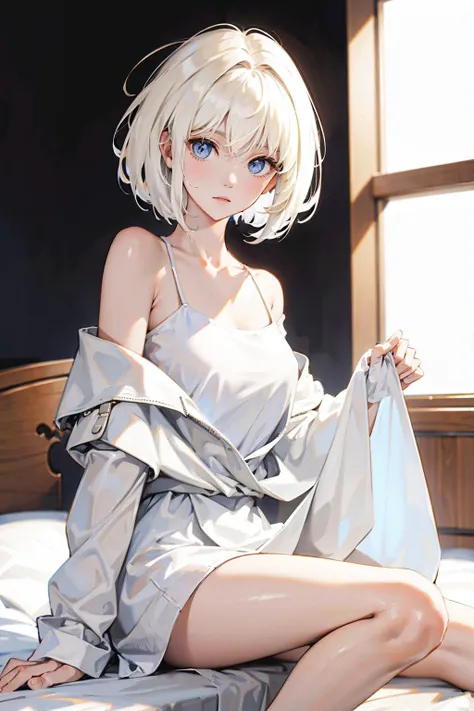 1 young and gorgeous girl, short hair, (white hair:1.3 AND blonde hair:0.1), white oversized shirt, off shoulder, bare legs, masterpiece, best quality, 8k uhd, ultra high res, black background, studio lighting