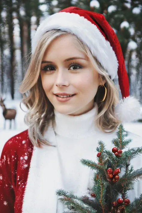 A stunning intricate full color portrait of (sks woman:1), (((platinum blonde, short wavy haircut, eye contact, looking at viewer))), ((wearing a baby blue turtleneck sweater, smiling, sexy, ski chalet, snow, sunset, golden hour, god rays, snowing, snow flakes, snow flakes on sweater)), epic character composition, by ilya kuvshinov, alessio albi, nina masic, sharp focus, natural lighting, subsurface scattering, f2, 35mm, film grain, <lora:locon_erinmoriarty_v1_from_v1_64_32:1.3>, (((elk in background, reindeer in background, moose in background, wildlife in background, nature, snowman in background, ((christmas, santa claus, north pole, christmas card, decorated christmas trees)))))