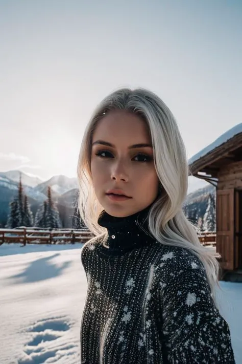 A stunning intricate full color portrait of (sks woman:1), platinum blonde, ((wearing a black turtleneck sweater, ski chalet, snow, sunset, god rays, snowing, snow flakes, snow flakes on sweater)), epic character composition, by ilya kuvshinov, alessio albi, nina masic, sharp focus, natural lighting, subsurface scattering, f2, 35mm, film grain, <lora:locon_erinmoriarty_v1_from_v1_64_32:1.3>