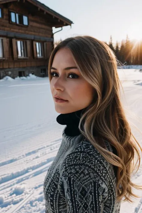 A stunning intricate full color portrait of (sks woman:1), platinum blonde, ((wearing a black turtleneck sweater, ski chalet, snow, sunset, god rays, snowing, snow flakes, snow flakes on sweater)), epic character composition, by ilya kuvshinov, alessio albi, nina masic, sharp focus, natural lighting, subsurface scattering, f2, 35mm, film grain, <lora:locon_erinmoriarty_v1_from_v1_64_32:1.3>, elk, moose, wildlife, nature, snowman, christmas,