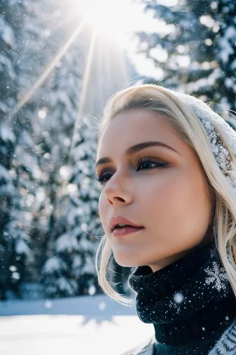 A stunning intricate full color portrait of (sks woman:1), platinum blonde, ((wearing a black turtleneck sweater, ski chalet, snow, sunset, god rays, snowing, snow flakes, snow flakes on sweater)), epic character composition, by ilya kuvshinov, alessio albi, nina masic, sharp focus, natural lighting, subsurface scattering, f2, 35mm, film grain, <lora:locon_erinmoriarty_v1_from_v1_64_32:1.3>, elk, moose, wildlife, nature