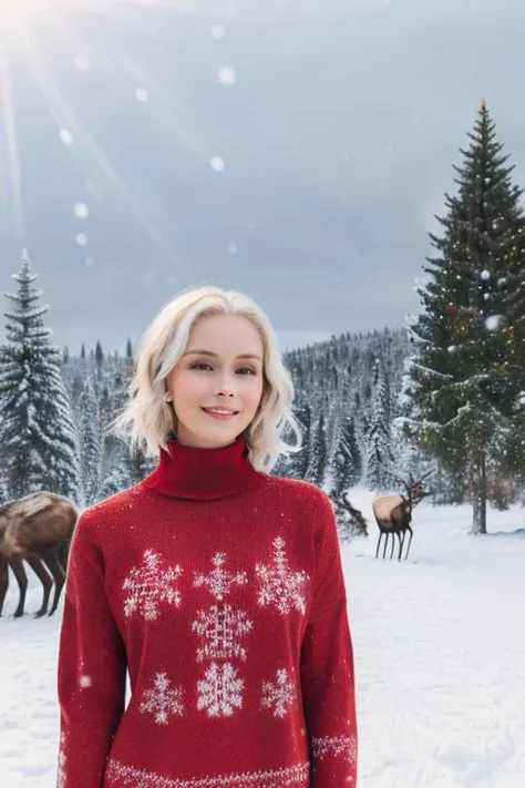 A stunning intricate full color portrait of (sks woman:1), (((platinum blonde, short wavy haircut, eye contact))), ((wearing a baby blue turtleneck sweater, smiling, sexy, ski chalet, snow, sunset, god rays, snowing, snow flakes, snow flakes on sweater)), epic character composition, by ilya kuvshinov, alessio albi, nina masic, sharp focus, natural lighting, subsurface scattering, f2, 35mm, film grain, <lora:locon_erinmoriarty_v1_from_v1_64_32:1.3>, (((elk in background, reindeer in background, moose in background, wildlife in background, nature, snowman in background, ((christmas, santa claus, north pole, christmas card))