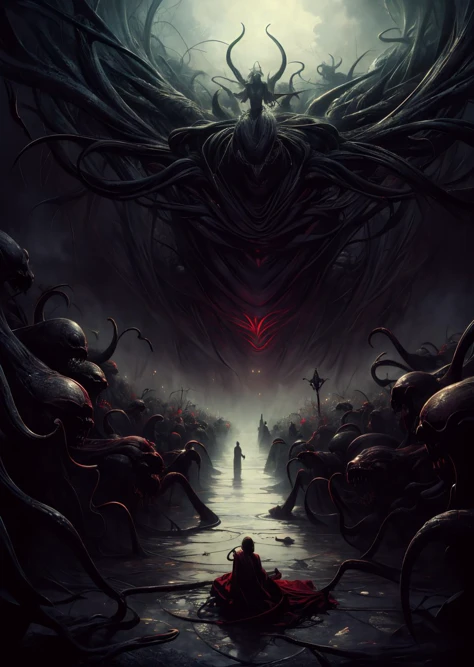 official art, unity 8k wallpaper, ultra detailed, beautiful and aesthetic, masterpiece,best quality, magnetic allure, dark and mysterious, a pained and tormented girl on the floor, salvation army, reaching towards a bunch of humanoid demons from above, monsters from above, dark creepy background, tormented mind visualized as a spiraling path into the void, insanely detailed and intricate, hypermaximalist, elite, horror, creepy, ominous, haunting, matte painting, cinematic, cgsociety, fit body, erotic Horror by ZdzisBaw BeksiDski, 8k, guiguai <lora:ghost:0.8>, zwd <lora:zwd_v2:0.32>,