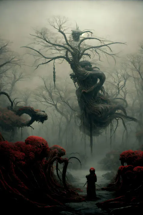 mist and fog, misty, a girl hiding behind a sacred tree, highly detailed and intricate, golden ratio, hypermaximalist, ornate, horror, creepy, ominous, haunting, matte painting, cinematic, cgsociety, erotic Horror by ZdzisBaw BeksiDski, 8k, guiguai <lora:ghost:0.7>, zwd <lora:zwd_v2:0.65>,