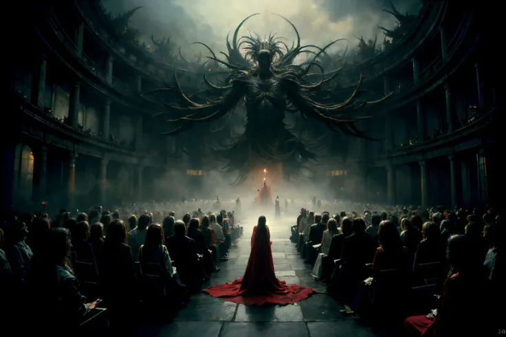 (masterpiece:1.2), portrait of the most beautiful form of chaos, elegant, a brutalist designed, vivid colours, romanticism, atmospheric, trending on artstation, 8 k masterpiece, enjoying a stream of music, where you can visualize the notes, ecstasy of musical notes, streaming musical notes visible, 3 girls with white robe and blood red dress girl standing in front of a colossal count dracula, playing music, as an orchestra conductor, official art, unity 8k wallpaper, ultra detailed, beautiful and aesthetic, masterpiece,best quality, vignette, depth of field, High Detail, hyperdetailed, cinematic, photography, a pained, tormented mind visualized as a spiraling path into the void, brutal silence, decayed insanity, insanely detailed and intricate, golden ratio, hypermaximalist, elegant, ornate, luxury, elite, horror, creepy, ominous, haunting, matte painting, cinematic, cgsociety, James jean, Brian froud, ross tran, guiguai <lora:ghost:0.7>, zwd <lora:zwd_v2:0.35>