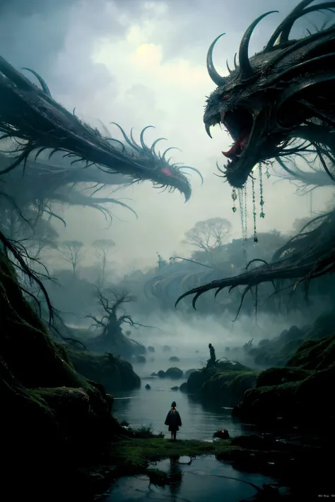 best quality, masterpiece, photo realistic, highly detailed, official art, unity 8k wallpaper, ultra detailed, beautiful and aesthetic, masterpiece,best quality, vignette, depth of field, High Detail, hyperdetailed, cinematic, photography, a girl amidst the lush forest with haunting, matte painting, cinematic, cgsociety, James jean, Brian froud, ross tran, wide angle, colossal grand scene, a cute gentle giant monster in the distance, epic proportions, guiguai <lora:ghost:0.6>, zwd <lora:zwd_v2:0.35>,