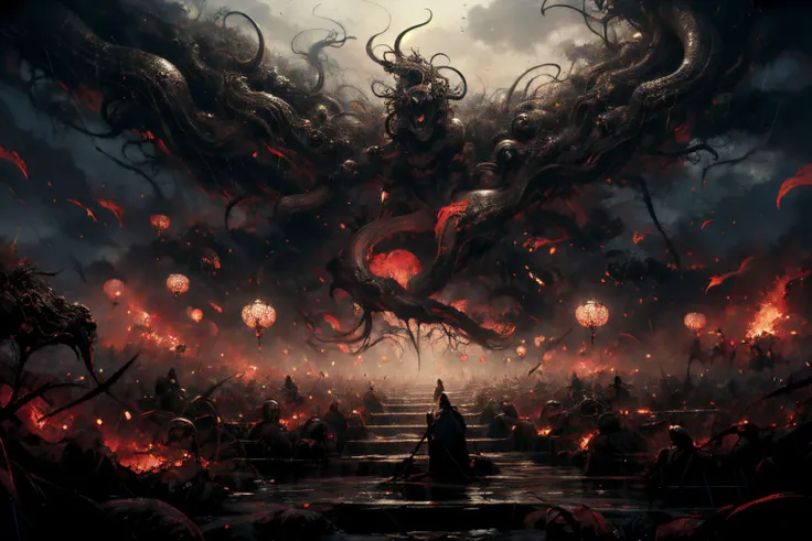 best quality, masterpiece, photo realistic, highly detailed, official art, unity 8k wallpaper, ultra detailed, beautiful and aesthetic, masterpiece,best quality, vignette, depth of field, High Detail, hyperdetailed, cinematic, photography, a pained, tormented mind visualized as a spiraling path into the void, brutal silence, decayed insanity, insanely detailed and intricate, golden ratio, hypermaximalist, elegant, ornate, luxury, elite, horror, creepy, ominous, haunting, matte painting, cinematic, cgsociety, James jean, Brian froud, ross tran, wide angle, colossal grand scene, a giant monster in the distance, epic proportions, zwd <lora:zwd_v2:0.35>, guiguai <lora:ghost:0.6>, monster <lora:monster:0.7>