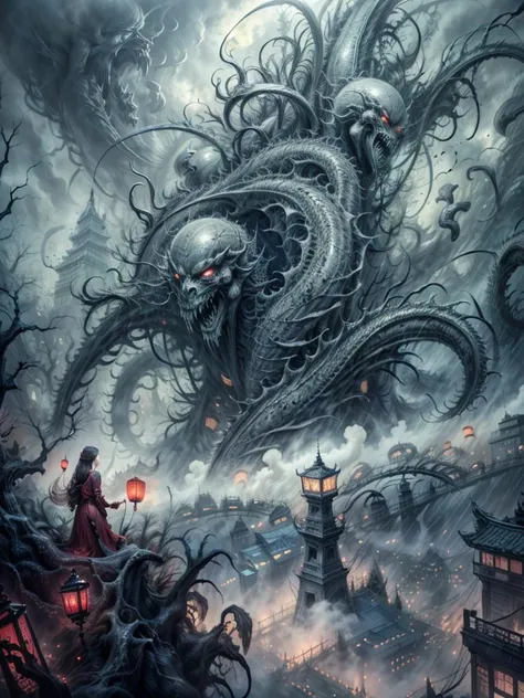 (<lora:ghost:0.8>guiguai),(1girl:1.2),1 girl stands in front of a huge monster,1lady standing,(full body:1.1),(looking at viewer:1.5),detailed face,detailed eyes,dramatic lighting,monster,wing,red lanterns,(chinese-style architecture:1.2),translucent soul,luminous,<lora:add_detail:1>,atmospheric reentry,with vast sky,continuous mountains and steep cliffs,atmospheric atmosphere,depth of field,mist rising,stone pavilions,waterfalls,shuimobysim,bonian,<lora:Moxin_10:0.3>,from below,<lora:povFacesitting:1>,