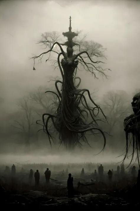 mist and fog, misty, a girl hiding behind a tree, highly detailed and intricate, golden ratio, hypermaximalist, ornate, horror, creepy, ominous, haunting, matte painting, cinematic, cgsociety, Biblical Horror by ZdzisBaw BeksiDski, 8k, guiguai <lora:ghost:0.7>, zwd <lora:zwd_v2:0.5>,