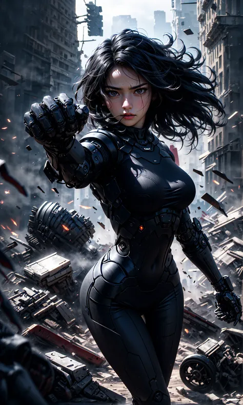 Epic CG masterpiece, hdr,dtm, full ha,8K, ultra detailed graphic tension, dynamic poses, stunning colors, 3D rendering, surrealism, cinematic lighting effects, realism, 00 renderer, super realistic, full - body photos, super vista, super wide Angle, HD
In a futuristic abandoned city, a girl with a huge mechanical arm is engaged in a fierce struggle with the enemy, Her name is Alita, a fighting angel from the future world, Her eyes are firm and resolute, showing the desire for victory, high-definition picture, real effect, hyper-realistic portraits, xiaofei yue, uniformly staged images, flat yet expressive, goth
<lora:~Q?-?N=XT Alita:0.8>