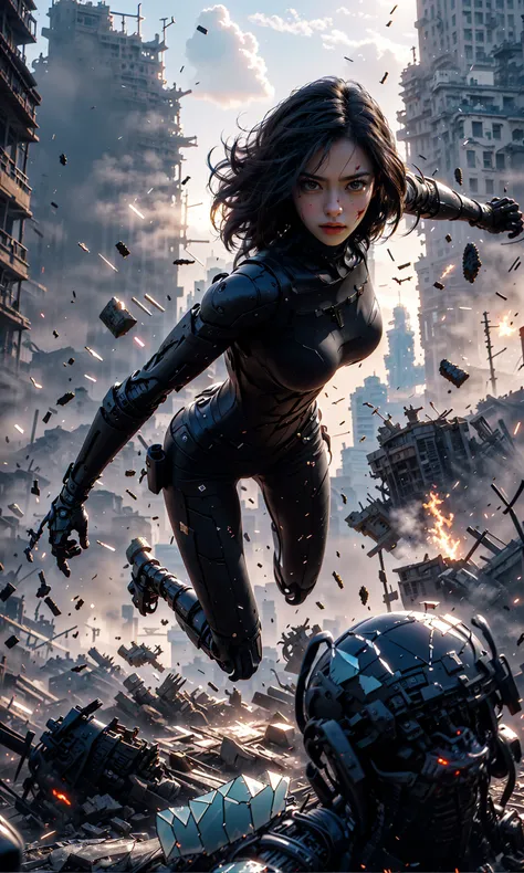 Epic CG masterpiece, hdr,dtm, full ha,8K, ultra detailed graphic tension, dynamic poses, stunning colors, 3D rendering, surrealism, cinematic lighting effects, realism, 00 renderer, super realistic, full - body photos, super vista, super wide Angle, HD
In a futuristic abandoned city, a girl with a huge mechanical arm is engaged in a fierce struggle with the enemy, Her name is Alita, a fighting angel from the future world, Her eyes are firm and resolute, showing the desire for victory, high-definition picture, real effect, hyper-realistic portraits, xiaofei yue, uniformly staged images, flat yet expressive, goth
(shard of glass:1.6)A shot with tension(Visual impact,giving the poster a dynamic and visually striking appearance:1.2), (glaring:1.4), red ribbon,(Blood on face:1.2), (full body:1.5),
<lora:~Q?-?N=XT Alita:0.8>