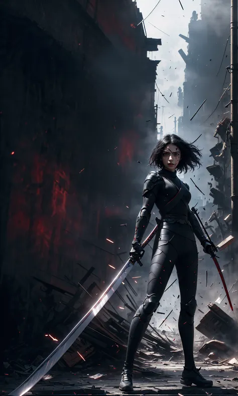 Epic CG masterpiece, hdr,dtm, full ha,8K, ultra detailed graphic tension, dynamic poses, stunning colors, 3D rendering, surrealism, cinematic lighting effects, realism, 00 renderer, super realistic, full - body photos, super vista, super wide Angle, HD(drawing a Long, super long katana,holding one Long, super long katana:1.5),
In a futuristic abandoned city, a girl with a huge mechanical arm is engaged in a fierce struggle with the enemy, Her name is Alita, a fighting angel from the future world, Her eyes are firm and resolute, showing the desire for victory, high-definition picture, real effect, hyper-realistic portraits, xiaofei yue, uniformly staged images, flat yet expressive, goth
(shard of glass:1.6)A shot with tension(Visual impact,giving the poster a dynamic and visually striking appearance:1.2), (glaring:1.4), red ribbon,(Blood on face:1.2), (full body:1.5),
<lora:~Q?-?N=XT Alita:0.8>