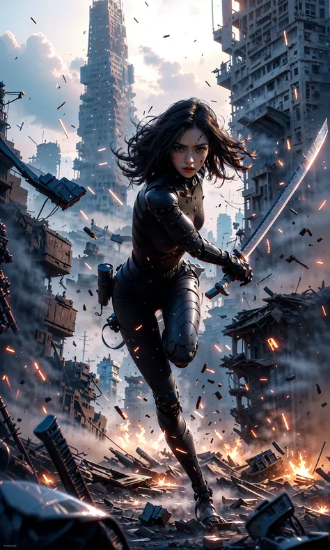 Epic CG masterpiece, hdr,dtm, full ha,8K, ultra detailed graphic tension, dynamic poses, stunning colors, 3D rendering, surrealism, cinematic lighting effects, realism, 00 renderer, super realistic, full - body photos, super vista, super wide Angle, HD(drawing a Long, super long katana,holding one Long, super long katana:1.3),
In a futuristic abandoned city, a girl with a huge mechanical arm is engaged in a fierce struggle with the enemy, Her name is Alita, a fighting angel from the future world, Her eyes are firm and resolute, showing the desire for victory, high-definition picture, real effect, hyper-realistic portraits, xiaofei yue, uniformly staged images, flat yet expressive, goth
(shard of glass:1.6)A shot with tension(Visual impact,giving the poster a dynamic and visually striking appearance:1.2), (glaring:1.4), red ribbon,(Blood on face:1.2), (full body:1.5),
<lora:~Q?-?N=XT Alita:0.8>