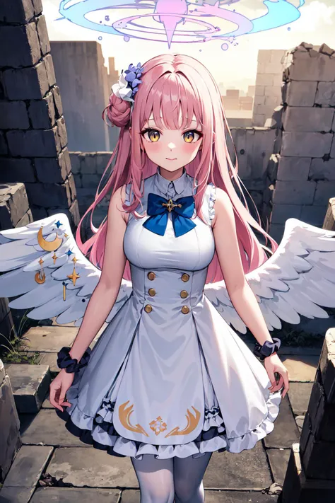 masterpiece, best quality, highres, aamika, halo, long hair, hair flower, angel wings, white wings, low wings, angel wings, crescent, sleeveless, blue bow, frills, white dress, wrist scrunchie, white pantyhose, <lora:misono_mika_v1:0.7>, ruins, walking, cowboy shot,